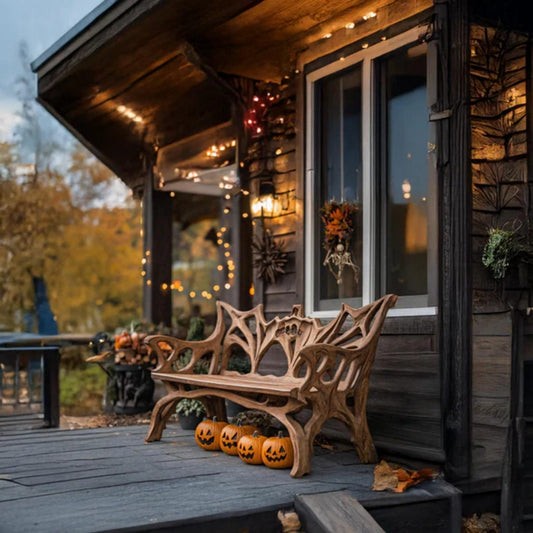 🎃Farmhouse Live Edge Outdoor Bench – Handmade Solid Wood Rustic Garden Bench, Country Style Patio Furniture, Halloween Porch Decor