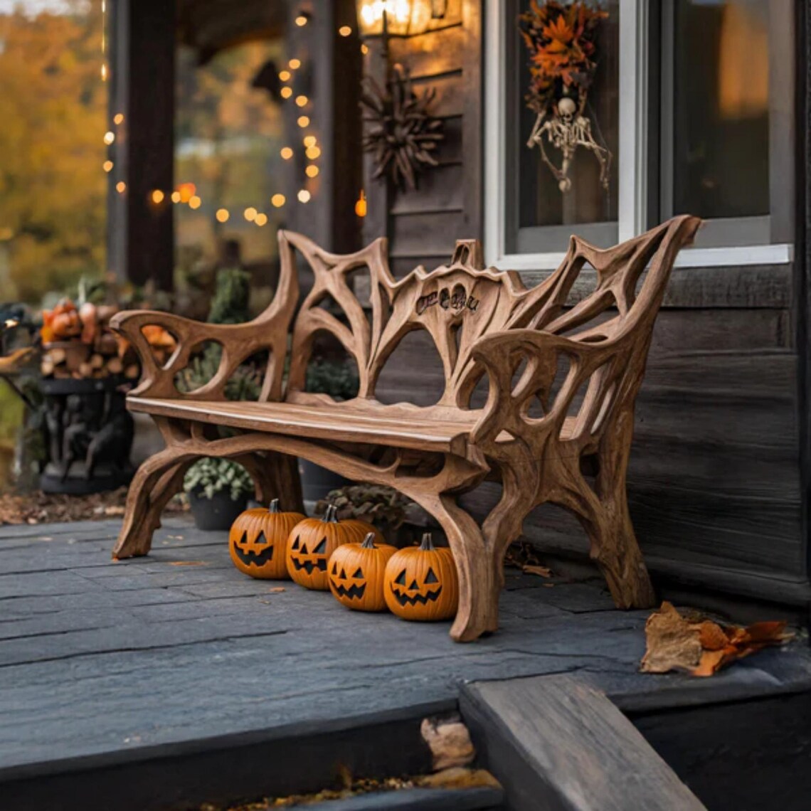 🎃Farmhouse Live Edge Outdoor Bench – Handmade Solid Wood Rustic Garden Bench, Country Style Patio Furniture, Halloween Porch Decor
