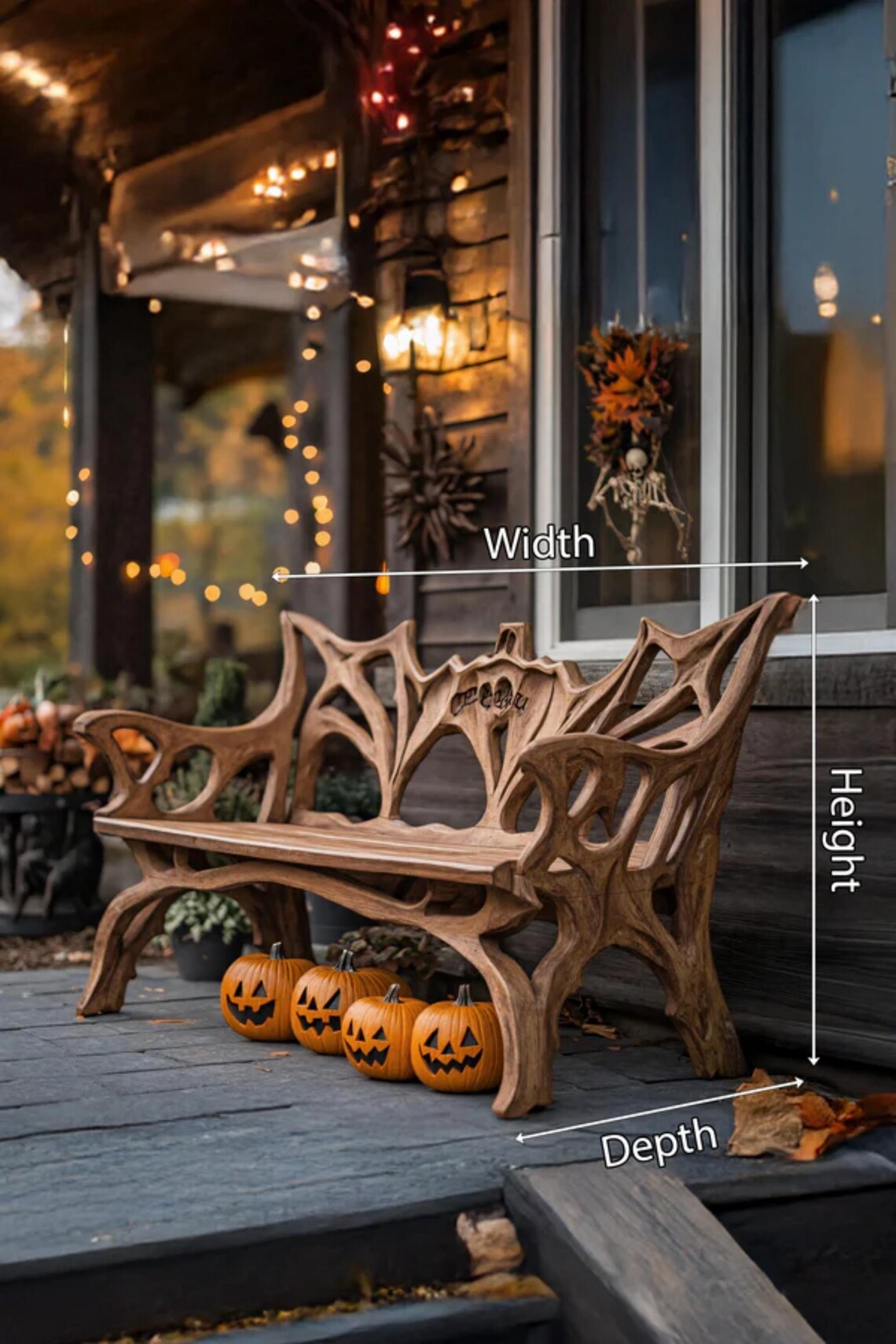 🎃Farmhouse Live Edge Outdoor Bench – Handmade Solid Wood Rustic Garden Bench, Country Style Patio Furniture, Halloween Porch Decor