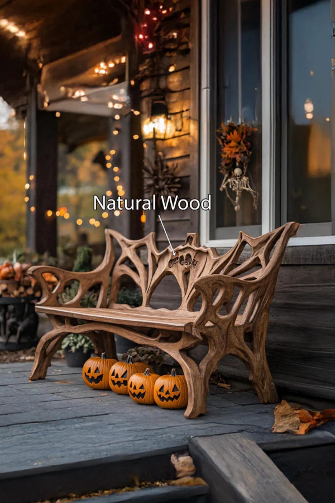 🎃Farmhouse Live Edge Outdoor Bench – Handmade Solid Wood Rustic Garden Bench, Country Style Patio Furniture, Halloween Porch Decor